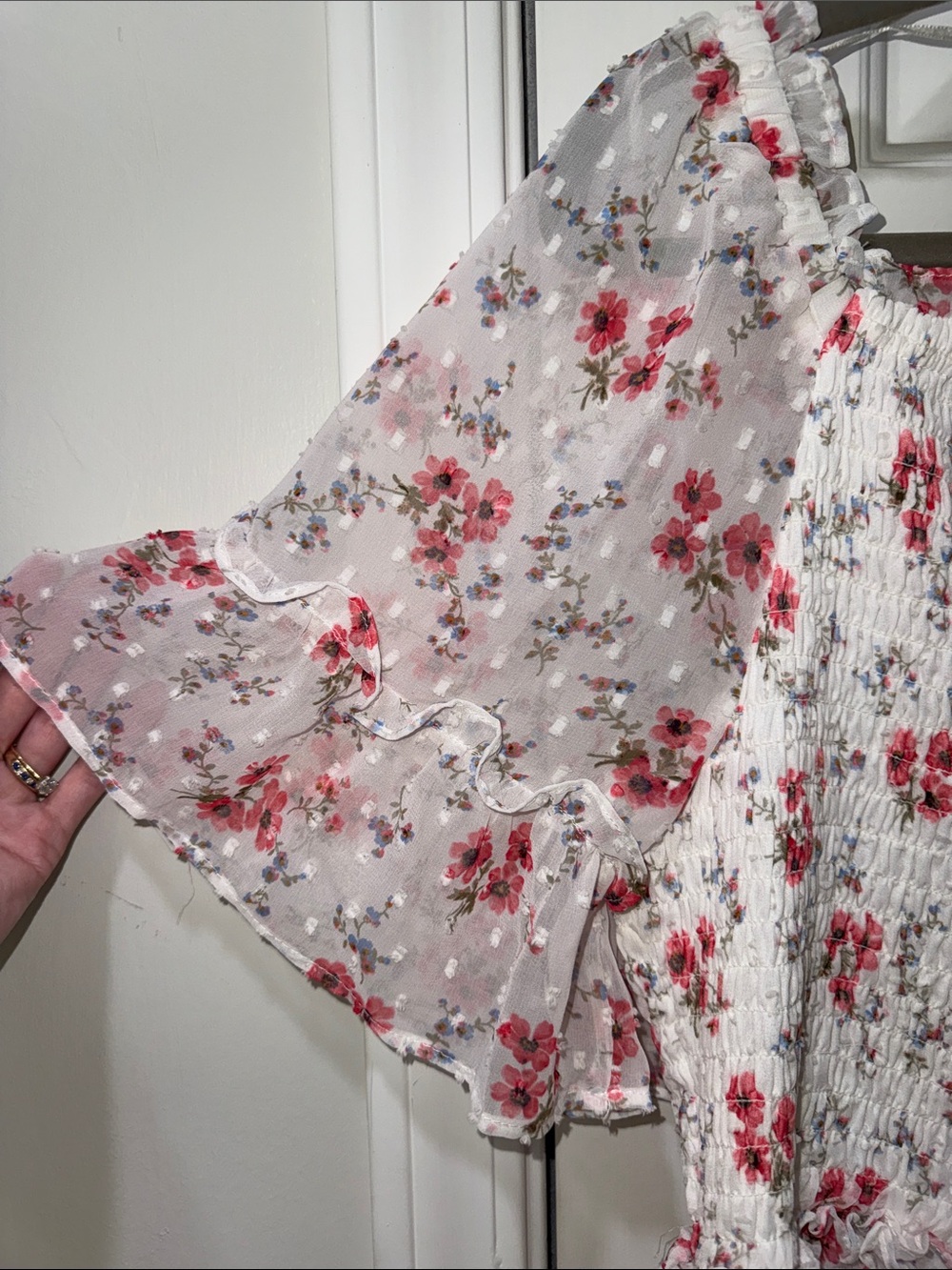 CeCe White Floral Smocked Dress with Coral and Blue Blooms - Picture 4 of 8